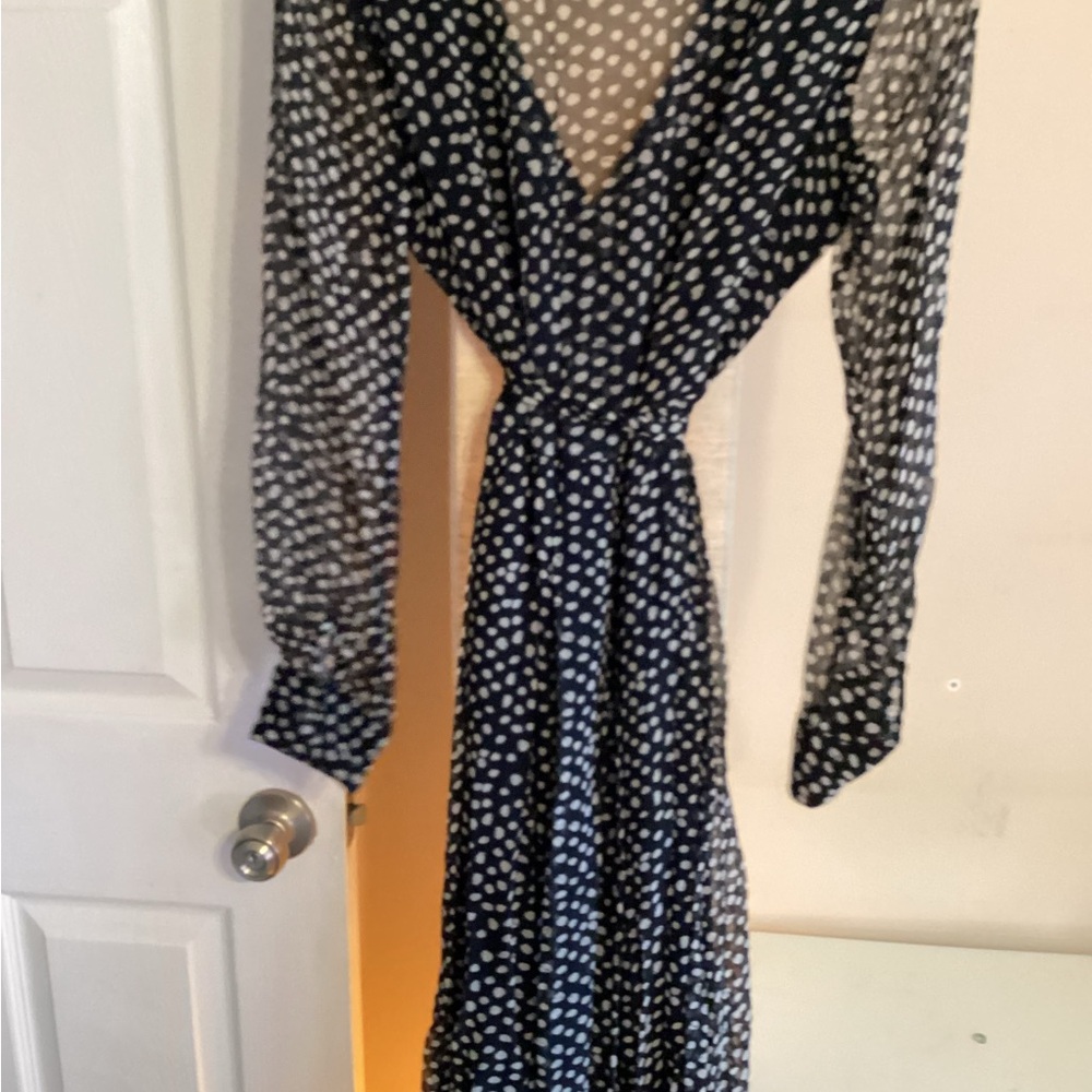 Lucky Brand Navy Blue Maxi Wrap Dress with Long Bishop Sleeves